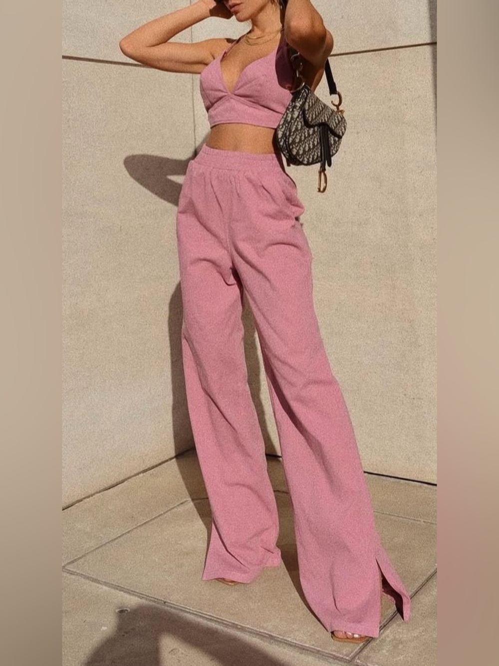 Denim Crop Top and High-Waist Wide Leg Pant - Pink